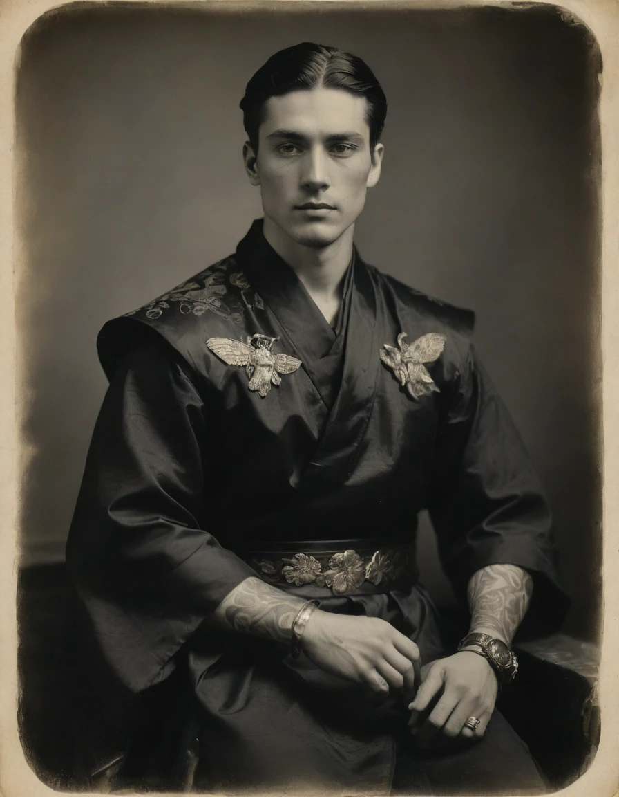 {{Masterpiece, best quality}}, ((((Rough monochrome, daguerreotype on old paper))), the composition is: (((((a young male Roman nobleman, arrogant, pensive, facing viewer, tattoos. He is wearing a black silken robe with wuxia elements, sashes, medals, and pendants of diamond shape symbology moth symbology))))), (jungle background, moths.)