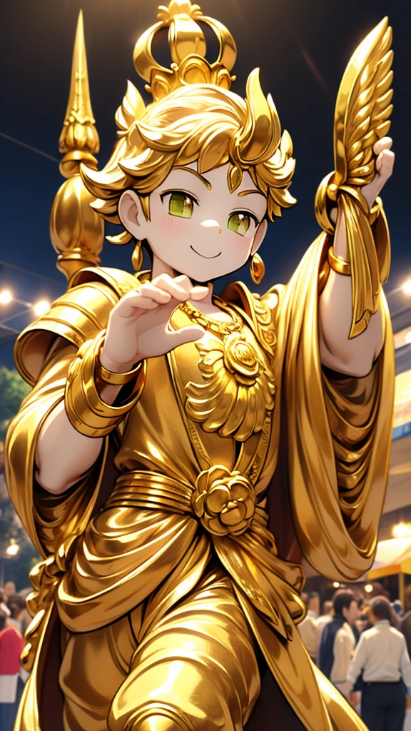 王子的Gold statue，Prince style，Prince costume，Court dress，Gold statue，男孩的Gold statue，带着黄金冠冕的Gold statue，脚边停着一只燕子的Gold statue，Golden Boy Statue，Gold statue，Victorian style，crown，crown，Golden Boy Sculpture，Golden Boy Statue，Gold statue，shotaGold statue，Cute boy，shota，Cute boy，Cute boy，Giant golden statue，Giant golden statue，Outdoor Background，Smiling statue，Close-up above the waist镜头，Close-up above the waist