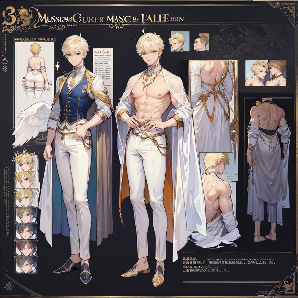 (Masterpiece, best quality), detailed, 1 man, ((character concept art)), ((character design sheet, same character, front, side, back)), full body, body complete, 1 Male, 1 Man, Detailed face, character design sheet,full bodyesbian, Highly detailed, character sheet, character design, Many parts, dark skin, angel wings, short blonde hair, angel outfit, muscle male god, male clothes, masculine, muscle man, male muscle, manly, male angel, Muscle male with short blonde hair,beautiful man, beatiful boy