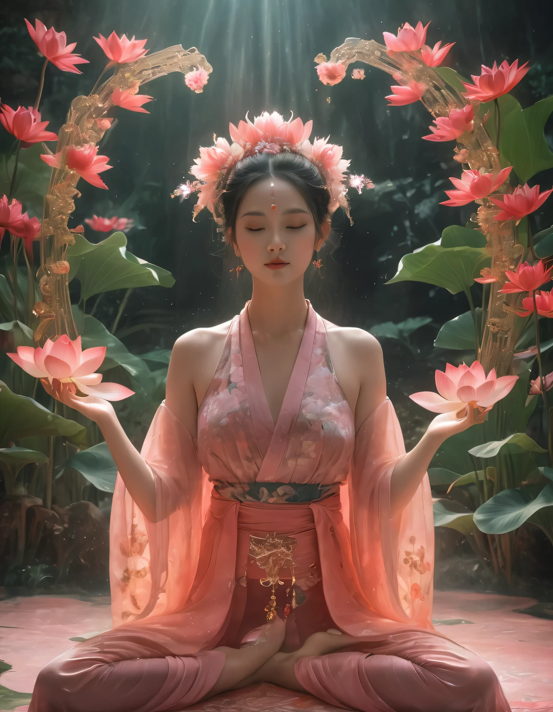 Full-body photo of a courtesan in lotus position,Praying with palms together、Anatomically correct,born, Cinematic shots, (Sharp focus:1.5), (Realistic:1.4), dusk lighting, Volumetric lighting, Ultra-high resolution, 16K,Dramatic lighting, Abstract background:1.5)(Tangleた,Datura stramonium,Holding a heart light in your hand、Tangle,Intertwined:0.7)witch,Red kimono, Foxfire spells, conversion, Depth of written boundary, A fantastic atmosphere, The most beautiful form of chaos, Elegance, Fauvist Design Dark Theme, flowers of death, flowers of ecstasy,Glowing Lines,Glow Example,Tracking example,flash, Backlight,translucent,Particles of light,hill,exit