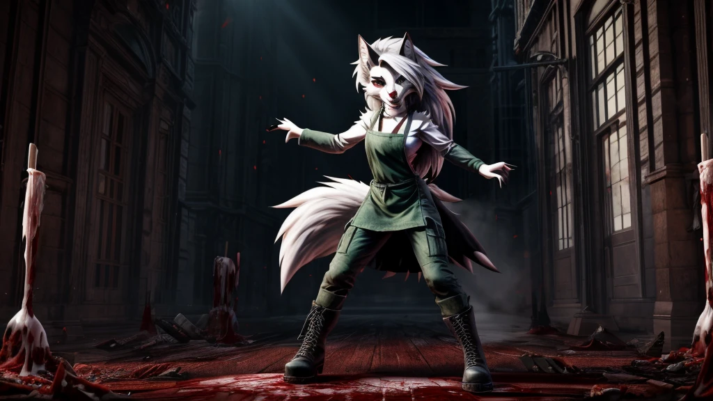 Loona from Helluva Boss, female white wolf, anthro, mature adult, short fluffy white hair, grey eyes, grey apron, green long sleeve, green cargo pants, black boots, covered in blood, standing, smiling, menancing, bloody face, detailed, solo, beautiful, high quality, 4K