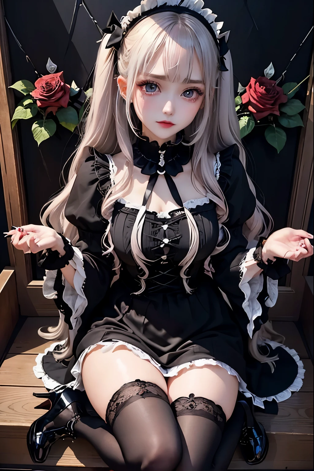 Hard Dark Gothic Makeup、Black dark eyeshadow、sad、Good skin radiance、Dark Gothicメイク、Dark smile、palace、The beauty of fragrance、24-years-old、Expression of intense sexual pleasure、Embarrassed look、Dark Gothic、Highest quality、Expression of sexual pleasure amid suffering、Drunk face、紫のMaid clothes、mysterious、Noble、The face of the person holding it in the toilet、sexy、Loving smile、Twin tail hair、Right blue eye, Left eye is red、Super tempting pose、Platform Heel Shoes、Heavy makeup、Gothic Lolita clothes、Silver Hair、Long Hair Straight Hair、Cute Gothic Lolita Dress、Beautiful Face、elegant features、Attractive face、Stained glass is the background、Chest glistening with sweat、The room is dark、goth long dress、Bell Sleeves、Wizard Sleeve、Decadent look、Sexually excited expression、Glossy thighs wet with water、Thighs that are wet and shiny with oil、Background of a room full of roses、sad expression、Rose Maiden、The embroidery is pink、The dress has pink embroidery..、Thigh-high socks、Knee-high socks、Gentle expression、Dark black eyeshadow、Stained glass and rose background、thighs are a little thin、Female Duo、Female couple、dark church background、Stained glass、Black metal world、Dark Castle、Dark Room、Slender body、gothic long dress、Victorian dress、Small breasts、Hold the wine in your right hand、Hold the lantern in your left hand、pantyhose、Sit on the bed、The bed is covered with roses、Lying in bed、Her thighs are shining with sweat、My body is wet and shiny、Lots of glitter on the thighs、sweating、My thighs are sticky from sweating、Sweat glistening on thighs, The whole body is sweaty and shiny、I sweated a lot..、My thighs are sweaty、Wet thighs、My thighs are shining with sweat、Sweat glistens all over my body、Slender body、