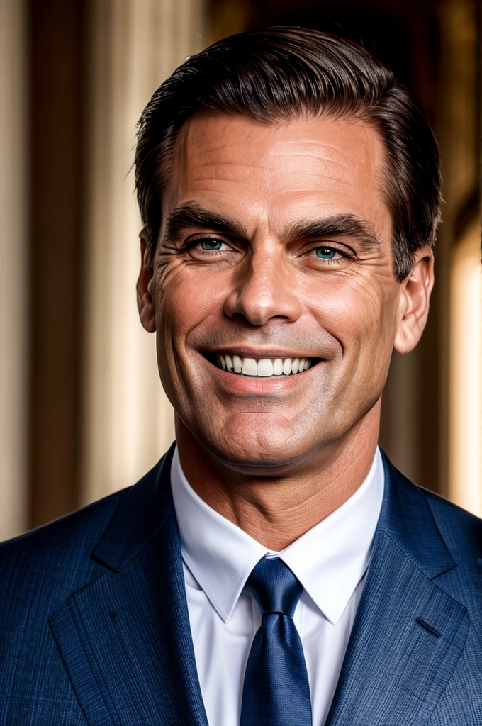 close up, cinematic light, side lighting, ultra high resolution, best shade, cru, trunk, Jair Bolsonaro, wearing suit and tie, Grinning, with your blue eyes. 