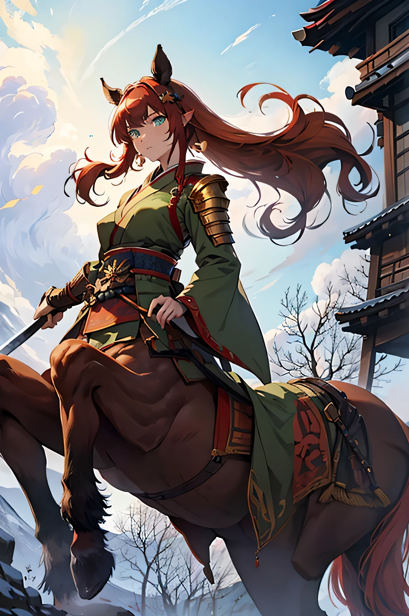 4K,High resolution,One Woman,centaur,Red Hair,long hair,Green Eyes,Brown fur,Samurai,白色のSamuraiの鎧,Full Armor,hair band,Jewelry decoration,Big Japan sword,Japanese Castle Town