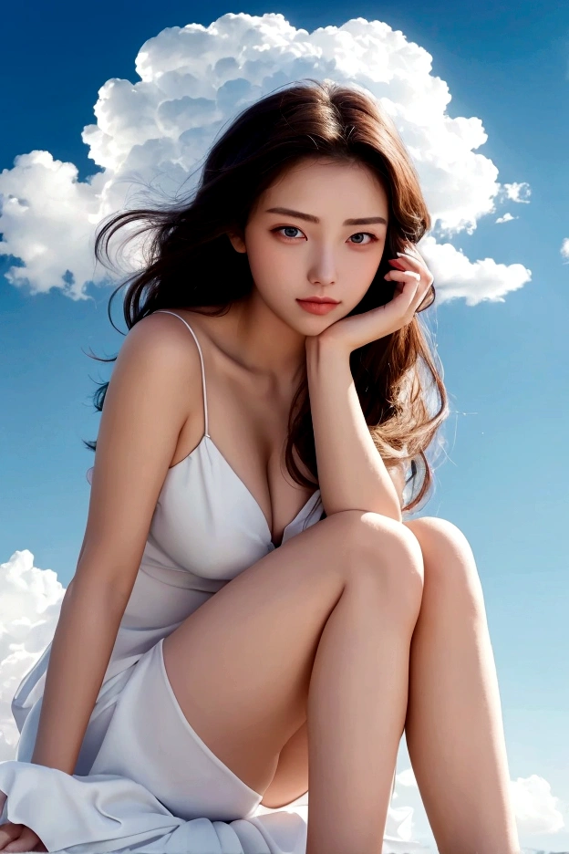 (masterpiece, best quality:1.2), 1 Girl, Solitary, ((gufeng,Bare shoulders)), On the top of the mountain,moonlight,((night)), ((whole body)), ((From below)), ((Sitting, Sitting on the edge of a cliff)), Heroine Image,Slender sexy legs,Very beautiful legs,Leaking sexy legs,Large Breasts,beauty, mystery。Exquisite facial beauty,Otherworldly beauty。The bridge of the nose is straight,Cherry lip color,Confident and calm。Well-defined facial contours,Skin like jade,Light and delicate makeup,Show her temperament and charm。Light foundation, Skin transparency,Perfect eyebrow shape,Eye Makeup,Eyeshadow,Eyeliner,Brighter eyes、Energetic。Put on grace lipstick,Charm and sophistication。grace别致的衣服,Clothes fluttering,Blown up by the wind,Drifting away。grace,Swinging action。Hair tied haphazardly behind the head,Secure with a jade hairpin,Strands of hair fluttering gently in the wind,beauty的风景,Attract attention。beauty、grace、mystery