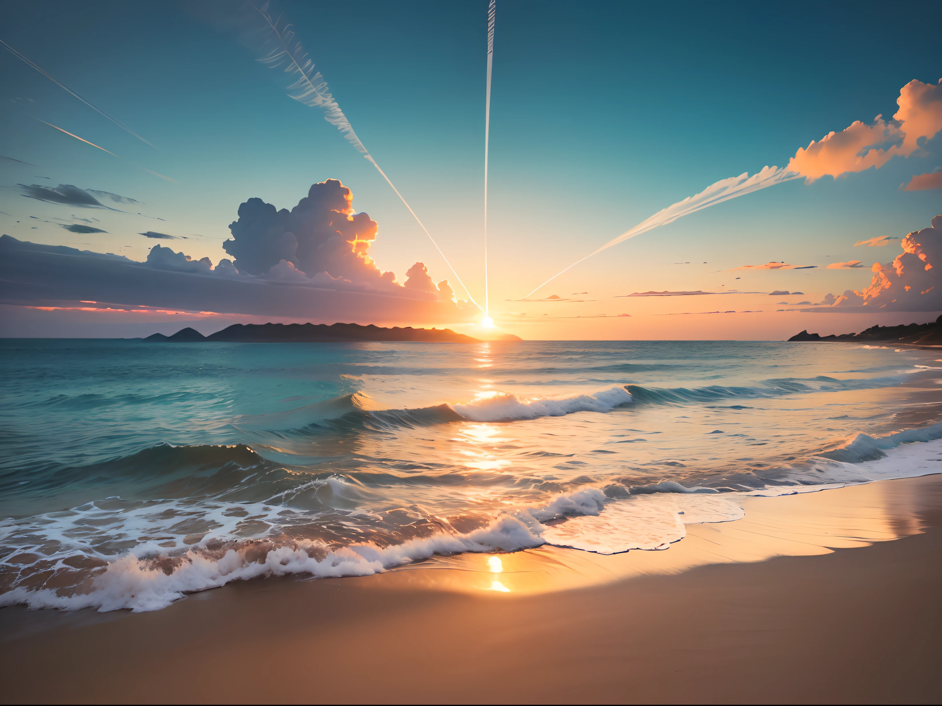 (best quality,4K,8K,high resolution,masterpiece:1.2),Extremely detailed,(Practical,photoPractical,photo-Practical:1.37),Scenery photography,白Beach,Turquoise Ocean,Blue sky,coconut tree,reflection of sunlight on water,Clear water,Gently lapping waves,Beach,The beach is littered with shells,Bright colors,Relaxed atmosphere,Peaceful and tranquil atmosphere,breeze,Sunlight shining through palm leaves,Peaceful and tranquil sea view,A paradise-like scenery,Seagulls flying in the distance,Distant islands on the horizon,Unspoiled natural beauty,Various shades of blue,Miles of coastline,Endless Horizon,Tempting waves,阳光普照的Beach,赤脚走在Beach上,Warm and golden sunset,Tranquility captured in photos,Tranquil retreat.