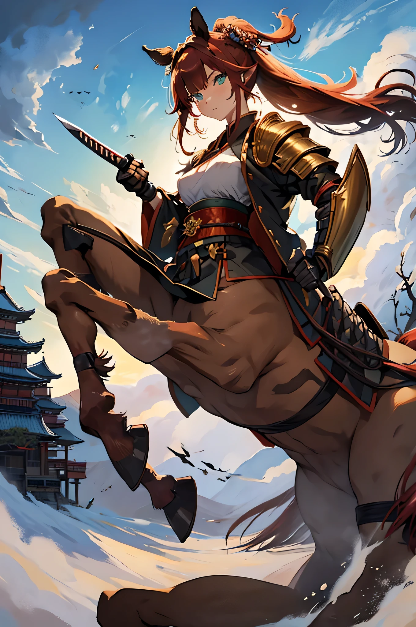 4K,High resolution,One Woman,centaur,Red Hair,long hair,Green Eyes,Brown fur,Samurai,白色のSamuraiの鎧,Full Armor,hair band,Jewelry decoration,Big Japan sword,Japanese Castle Town