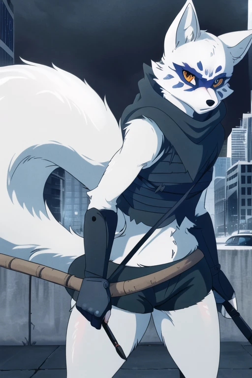 Alopex, arctic fox, furry, blue marks face, tmnt, serious look, orange eyes, girl1, solo, city, black cloak, black bandage, fox tail, black shorts, holding sickles, best quality, masterpiece