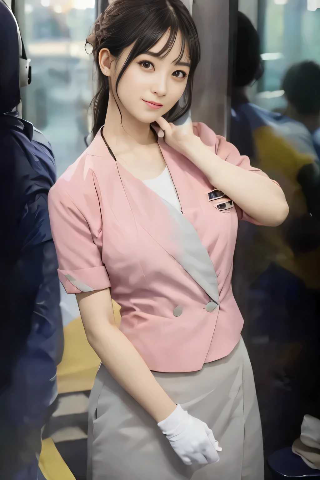 (masterpiece:1.2, Highest quality:1.2), 32k HDR, High resolution, (alone、1 girl)、 (Height: 160cm)、(On the rooftop of a building in the daytime、Professional Lighting)、Building rooftop background、(Nankai train crew uniform pinkを着たリアルスタイル)、(Nankai train crew uniform pink short sleeve collarless pink jacket、Nankai Train Crew Uniform Pink Collarless Short Sleeve Blouse、Nankai Train Crew Uniform Pink Grey Knee-length Culottes)、(The pink jacket is showing from the culottes.)、Dark brown hair、(Long hair that goes up to the chest、Let your hair down)、Long Shot、Big Breasts、Thin legs、((Great hands:2.0)),((Harmonious body proportions:1.5)),((Normal limbs:2.0)),((Normal finger:2.0)),((Delicate eyes:2.0)),((Normal eyes:2.0)))、smile、(Nankai Train Crew Uniform Pink Grey Knee-length Culottesを見せた美しい歩く姿)、Place your hands around your stomach
