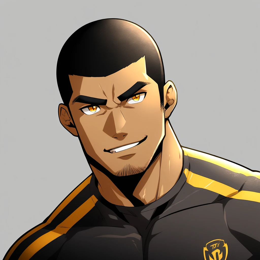 anime characters：Gyee, Young Muscle Sports Student, negro black skin, Buzz Cut, Manliness, male focus, Dark yellow long sleeve tight T-shirt, Slightly transparent texture, Very tight, Slightly transparent, muscular male, muscular, only, Upper body, alone, Black short hair, Thick eyebrows, stubble, Yellow eyes, Grey background, simple background, amazing quality, best aesthetics, Ridiculous, bright pupils, crew cut, parted lips, seductive smile, torogao, naughty face, best quality