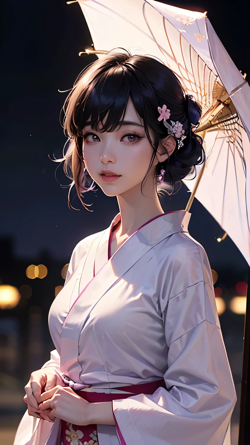 (logo、masterpiece、8K、Tabletop、RAW Photos、wonderful、最high quality、フォトリアリスティックでVery detailedな CG 複合 8K 壁紙、high quality、Very detailed、Narrative poem、Particle Effects、Dynamic Effects、Depth of the Boundary、Cinematic Light、Lens flare、Ray Tracing)、 (One beautiful woman wearing a yukata、White yukata、Light purple pattern)、Black-haired、High definition skin、Very fine、Fine skin texture、Beautiful Face、True Face、Beautiful details in the eyes、Realistic eyes、Beautifully detailed eyes、Realistic Skin、Beautiful Skin、Surreal、Smiling Eyes、Hair and light eyes、vivid、Colorful lights and bokeh、plump lower lip、Pink Lips、Hair flutters in Wind、Hair bounces、wonderful景色、night、evening、Wind、moonlight、moonlight、light