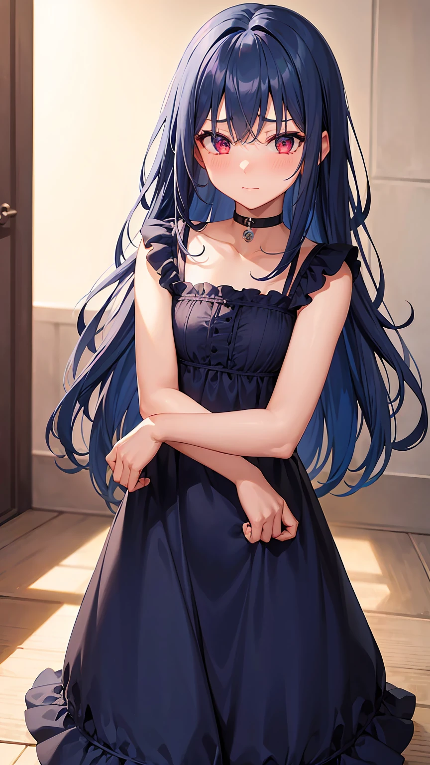 Girl1,cowboy shot,blue hair,red eyes,parted bangs,(Sleeping dress,background in the room),((cheek bulge ,Shy,embarrassment)),HD,highly detailed