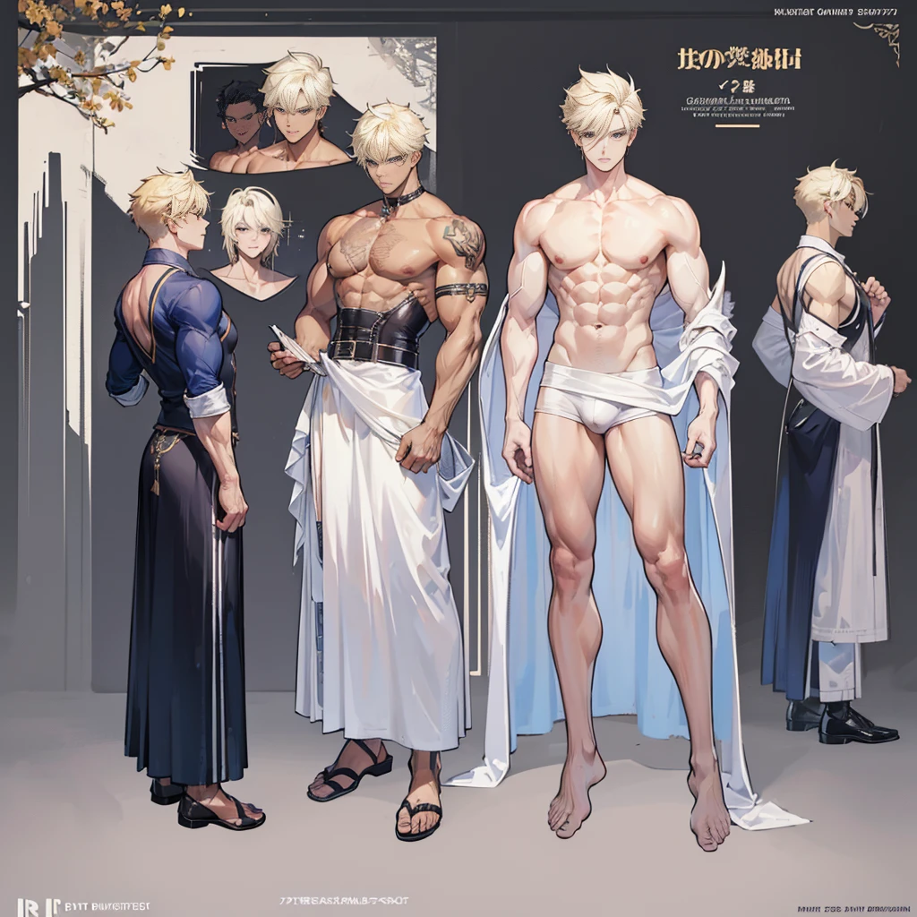 (Masterpiece, best quality), detailed, 1 man, ((character concept art)), ((character design sheet, same character, front, side, back)), full body, body complete, 1 Male, 1 Man, Detailed face, character design sheet,full bodyesbian, Highly detailed, character sheet, character design, Many parts, dark skin, angel wings, short blonde hair, angel outfit, muscle male god, male clothes, masculine, muscle man, male muscle, manly, male angel, Muscle male with short blonde hair,beautiful man, beatiful boy, abs, pectoral muscle