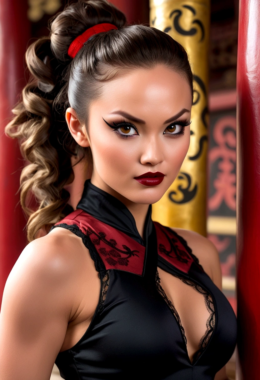 Tori Black asian ninja warrior, ringlets wavy five feet long black hair, updo hairstyle with ponytail on one side, dark red glossy lips, heavy black eye shadow long black eyeliner, black lace beautiful and creative sleeveless ninja warrior bodysuit, forehead lace ornament, posing in a Shaolin temple interior, happy expression dark ambience. No faces on her chest!