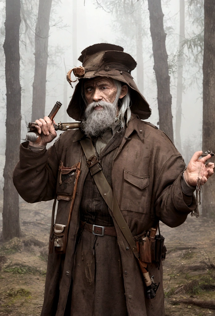 dry,, dressed in old rags, located in a foggy forest, with firepower in one of his hands, tall physical build.
