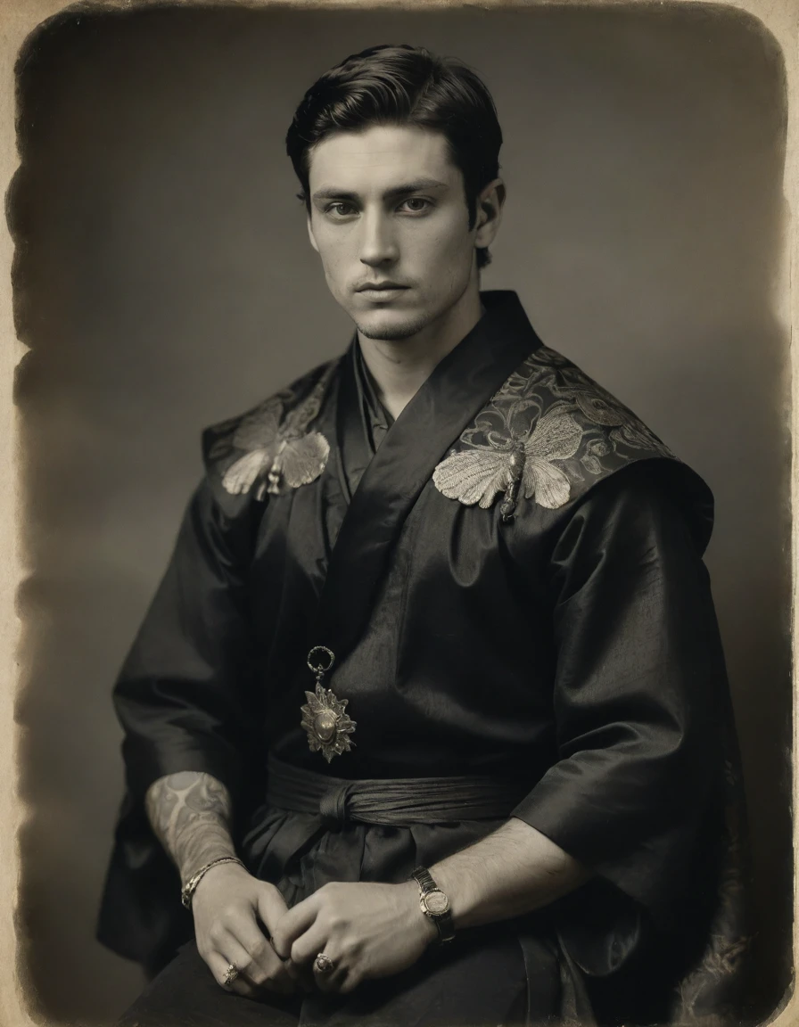 {{Masterpiece, best quality}}, ((((Rough monochrome, daguerreotype on old paper))), the composition is: ((((((a young male Roman nobleman, arrogant, pensive, facing viewer, tattoos. He is wearing a black silken robe with ronin elements, sashes, medals, and pendants of diamond shape symbology moth symbology)))))), (jungle background, moths.)