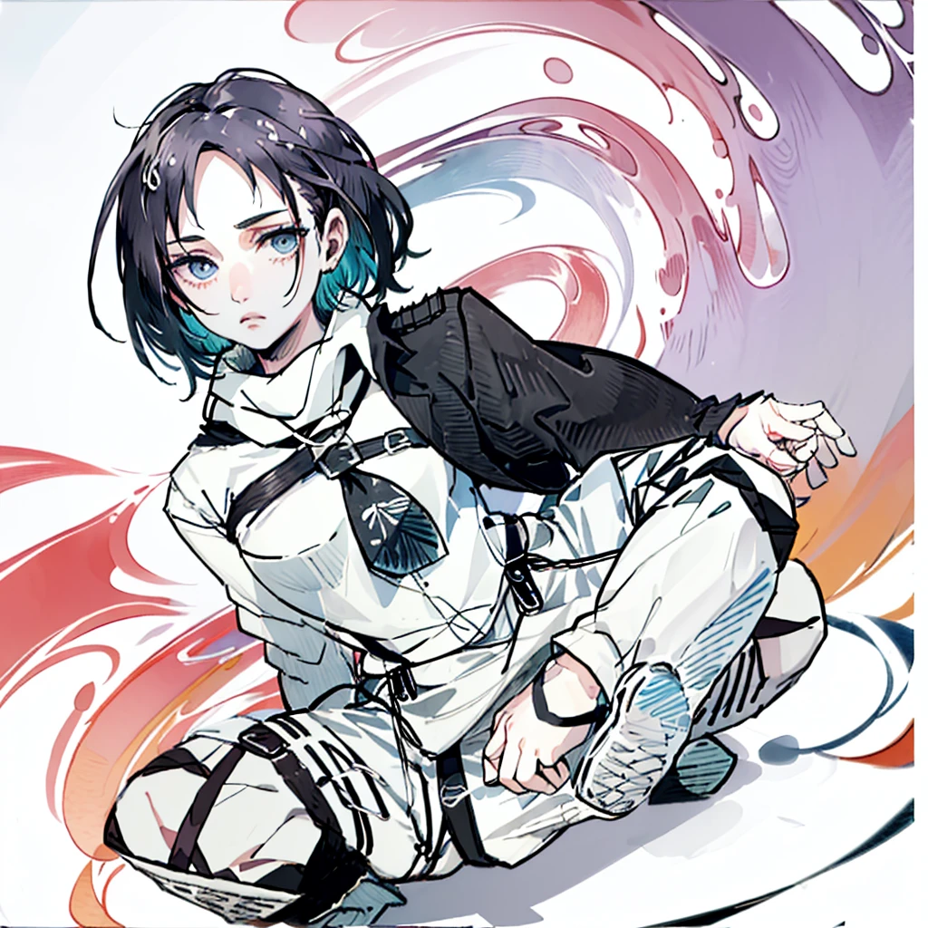 ((body)) skinny, short, pale, freckles on the face, 18 years old ((hair)) long black hair, messy, ((eyes)) green eyes, ((outfit)) school Japanese women's , tie, knitted shoe covers, black cotton fingerless gloves, black boots