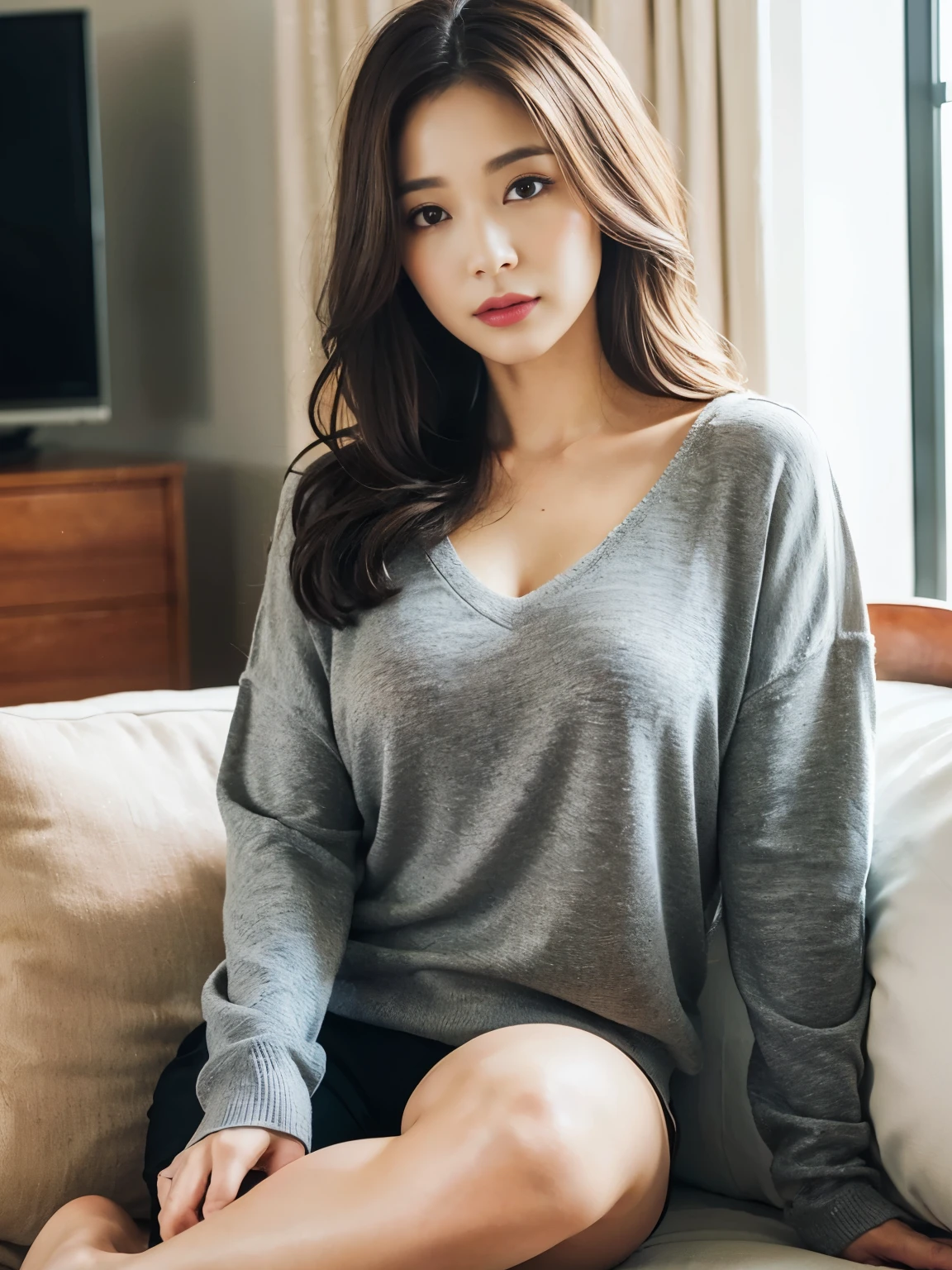 Dark brown hair、Light brown eyes、Japanese actress、 Lady、I am about 40 years old...、(Intricate details:1.2)、(Which is the top???:1.4)、 (Ultra-high resolution:1.2)、Ultra-high resolution、(Finely tuned)、(Detailed facial features)、Hmph、8K resolution、B cup size breasts、Hair length、Resort hotel living room、Large sofa、Large windows、Extravagant space、relax、、,Full body photo、Head to toe shot、Lying on the sofa、Lying on the sofa、Beautiful feet、Put your head on the sofa、gray Sweatshirts & Hoodies、V-neck、lingerie Shorts、Beautiful feet、A refreshing room filled with sunlight、she, household items, sitting on the living room couch, (plant:0.8), Warm Light, fashionable, Very detailedな, Very detailed, Realistic, Hourglass Shaped Body, Obscene pose,、