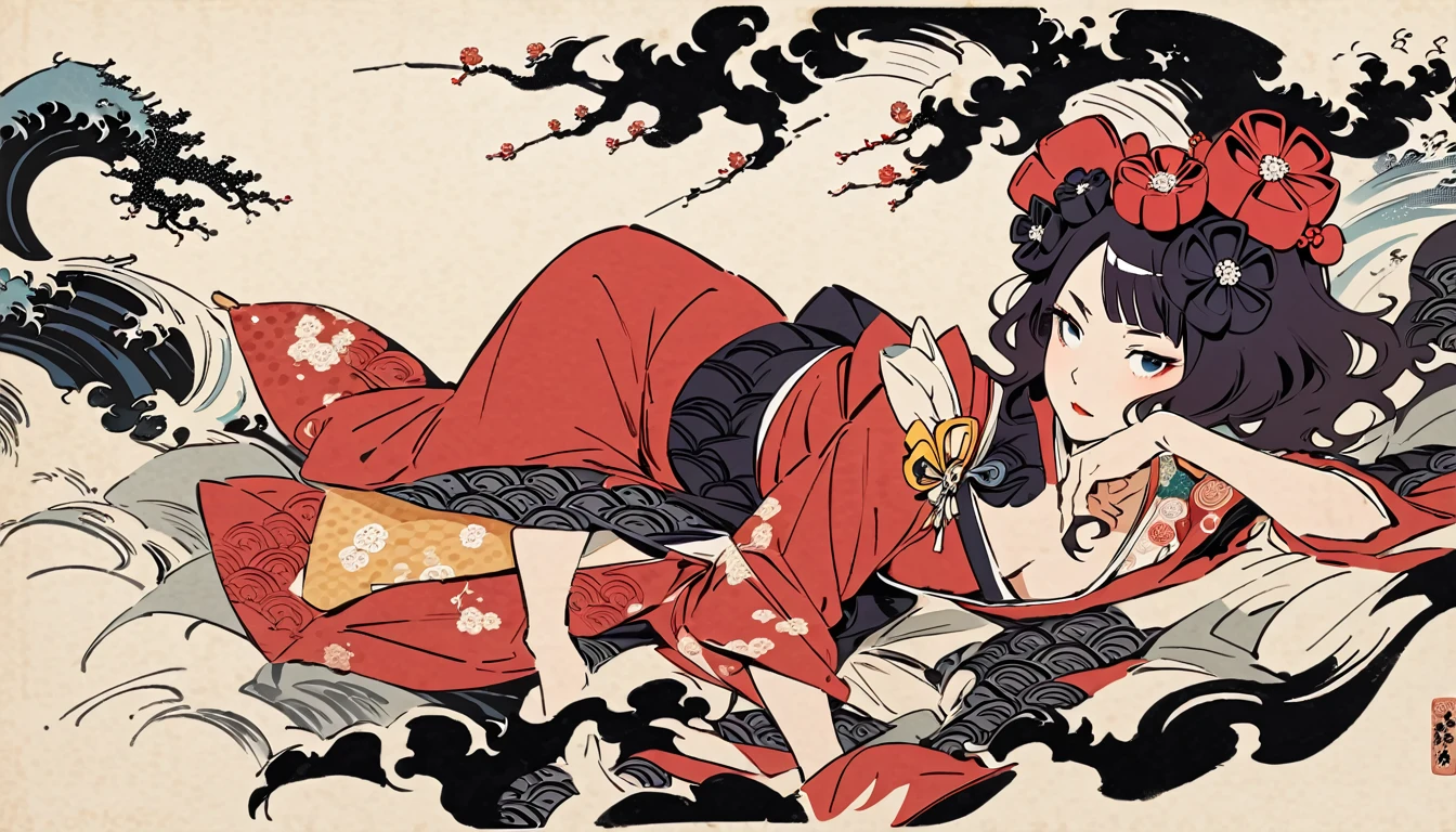 Katsushika Hokusai, Ink Painting, (((Red Kimono))), (((whole body))), peony, flower tattoo on shoulder, Long Hair, Delicate and precise, Thor, Modern ukiyo-e style,