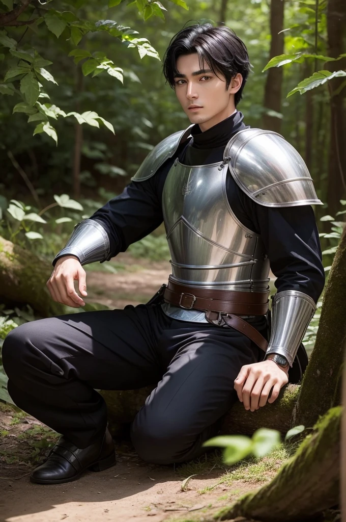 A knight with his face showing short black hair and no beard 25 years old handsome hot handsome cat sitting in a wood