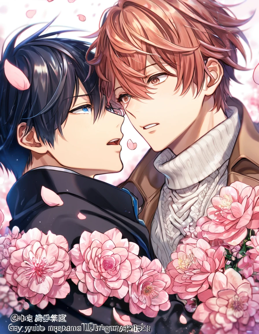 absurdres, highres, ultra detailed, HDR, master piece, best quality, Uenoyama Ritsuka, black hair, expressive blue eyes, Given, Sato Mafuyu, pink-brown hair, expressive brown eyes, two sexy men together, yaoi, gay couple, handsome, brown coat, white sweater, black coat, fantasy, shining, pink flowers, pink blossoms, pink butterflies, pink petals