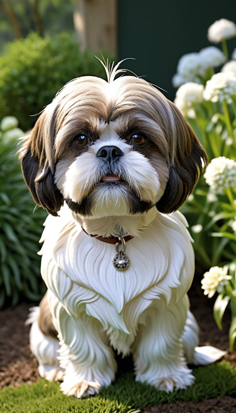 There is no one, realistic photo, photo realism, realism, drilling (shih tzu), perfect composition, intricate details, Very sharp, masterpiece, profile, high resolution, looking at the viewer, Full body photo in garden background