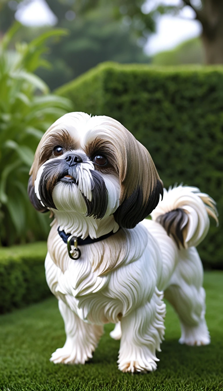 There is no one, realistic photo, photo realism, realism, drilling (shih tzu), perfect composition, intricate details, Very sharp, masterpiece, profile, high resolution, looking at the viewer, Full body photo in garden background