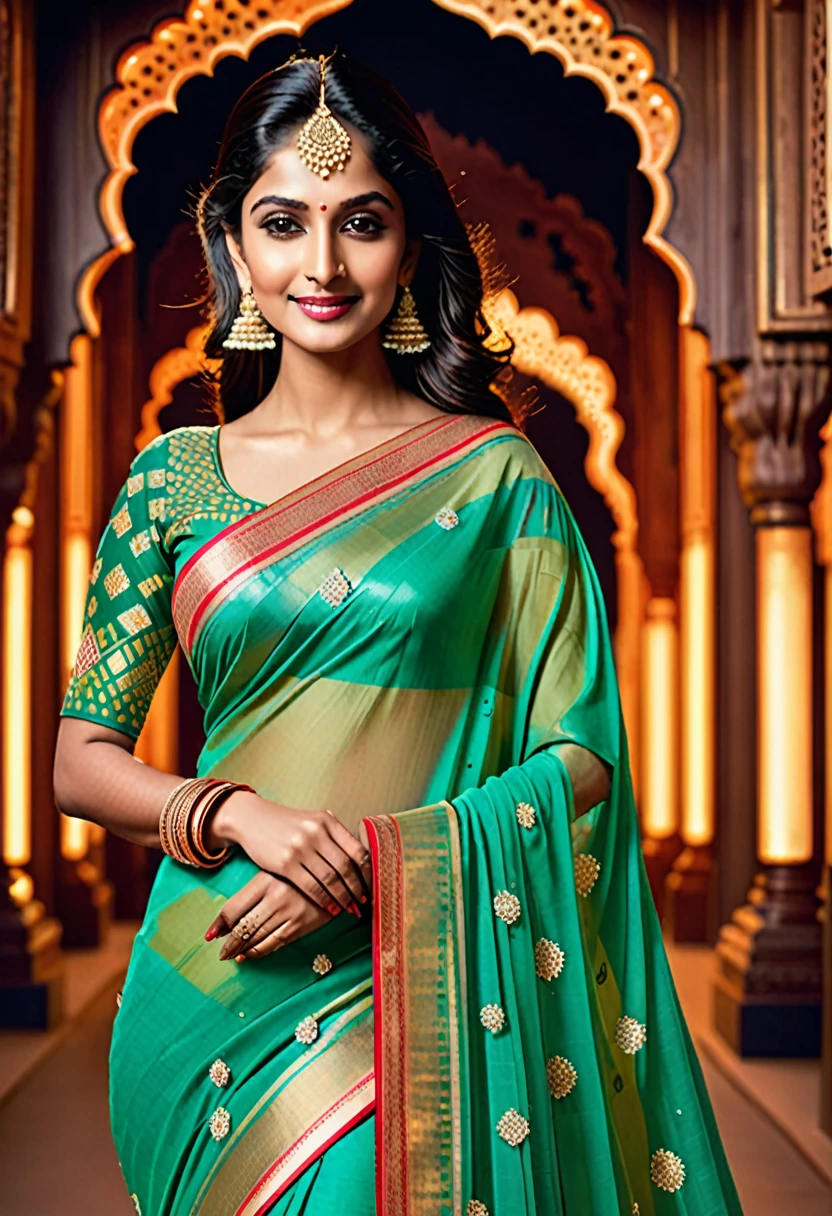 A beautiful Indian lady stands gracefully in a futuristic world. She is dressed in a traditional saree that has been technologically advanced; the fabric is embedded with nano-lights that create shifting, intricate patterns of light across the garment. Her saree's pallu (drape) flows elegantly, integrating advanced materials that shimmer and change color with her movements. Her blouse is fitted with smart textiles that adjust in real-time for comfort and climate control, blending tradition with cutting-edge technology. Her teeth glisten with gold, adding a touch of regal elegance to her smile. Prominently on her forehead, a magnificent Kohinoor diamond is embedded, radiating a soft, ethereal glow. The background features a futuristic cityscape with sleek skyscrapers, floating vehicles, and advanced technology seamlessly integrated with traditional Indian architectural elements. The overall scene combines the rich cultural heritage of India with a vision of the future, portraying a perfect harmony of tradition and innovation.