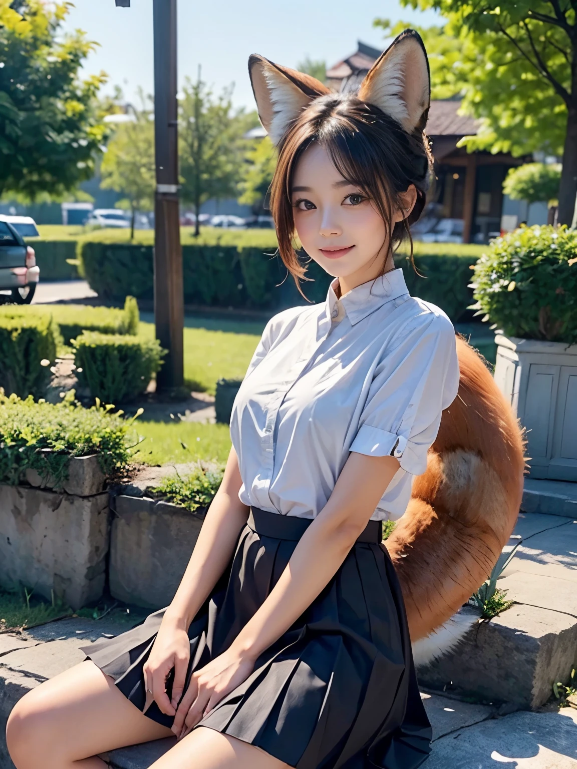 ((Highest quality, 32k)), ((masterpiece)), (Familiar), Perfect Face, pretty girl, Sitting in a chair at an open-air cafe on the plateau, Relaxing and drinking tea, She has a bushy tail, (She has a fox tail.:1.5),She stands up her fluffy tail, Beautiful hip line, Small breasts, She is wearing a neat blouse and pleated skirt., A bushy tail is visible from under her skirt,, Slender body, The tail comes out from the inside of the skirt, (A fox tail protrudes from the inside of the skirt hem.:1.4), The base of her tail is hidden by her skirt