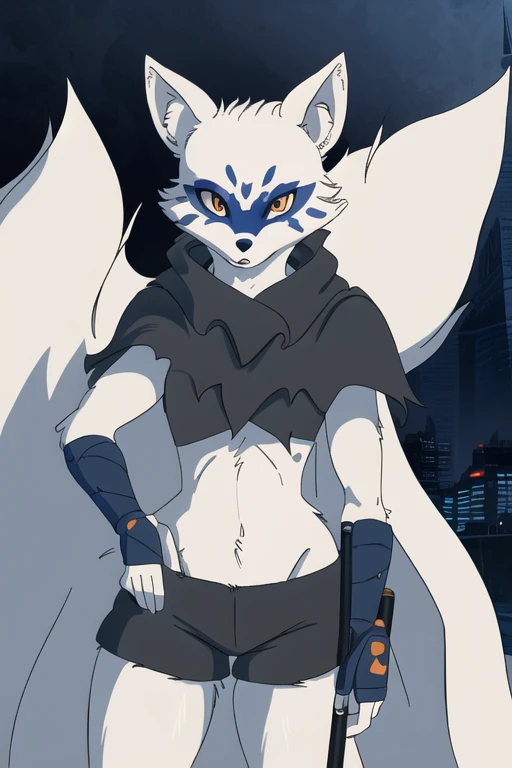 Alopex, arctic fox, furry, blue marks face, tmnt, serious look, orange eyes, girl1, solo, city, black cloak, cape, black bandage, fox tail, black shorts, best quality, masterpiece