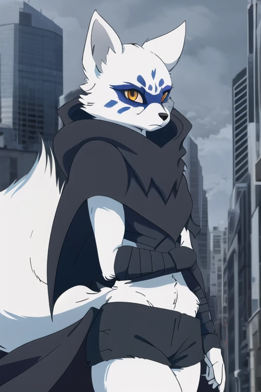 Alopex, arctic fox, furry, blue marks face, tmnt, serious look, orange eyes, girl1, solo, city, black cloak, cape, black bandage, fox tail, black shorts, best quality, masterpiece 