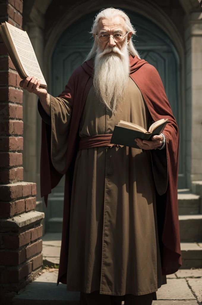 An elderly wizard or wizard holding a book in his hand