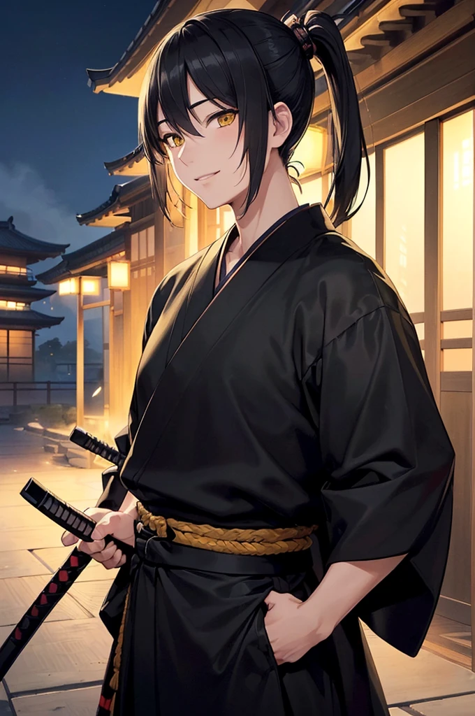 (masterpiece; best quality: 1.2), (finely detailed eyes: 1.3), ((1 male)), ((solo)), (yellow eyes: 1.4), (masculine; lean: 1.3), (short black hair in low ponytail: 1.3), (beautiful and clear background: 1.2), (extremely detailed CG + ultra-detailed + best shadow: 1.1), ((depth of field)), (clothes: all-black ronin hakama + all-black ronin kimono: 1.3), (anime illustration: 1.2), (background; old japanese mansion exterior+ night: 1.1), (extremely fine and handsome: 1.1), (shot composition; standing + close-up: 1.5), (expression; calm, smile: 1.2)