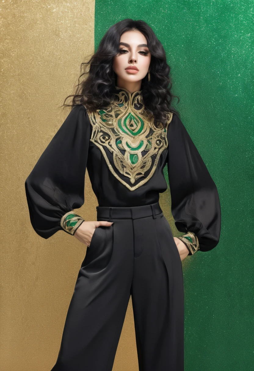 1 girl, long curly black hair, brunette skin, black ball mask and emerald green eyes, brazilian style. Black blouse with gold long sleeves, black wide pants. female idol. Musical background with audience. Photo for poster cover, seamless.