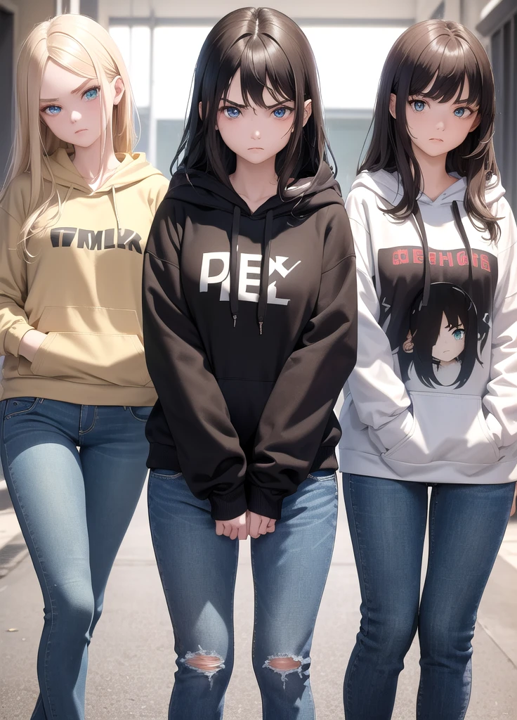 masterpiece, Best quality, 2 girls stand with their backs to each other ( 1 girl a girl with dark brown long hair and dark green eyes 20 years old is wearing a hoodie and wide jeans), ( 2 girl with short blond hair and blue eyes 20 years old is dressed in a hoodie and wide jeans) serious emotions, frowning eyebrows