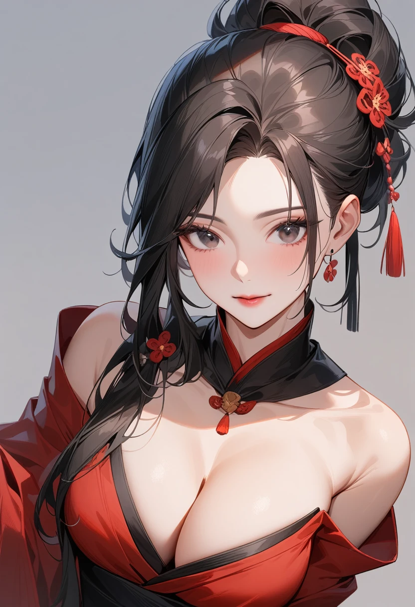 Mature women，Black long hair，Hair up，Red Hanfu，Showing cleavage，Show your shoulders，Beautiful black eyes，Extremely detailed，high resolution，Simple background