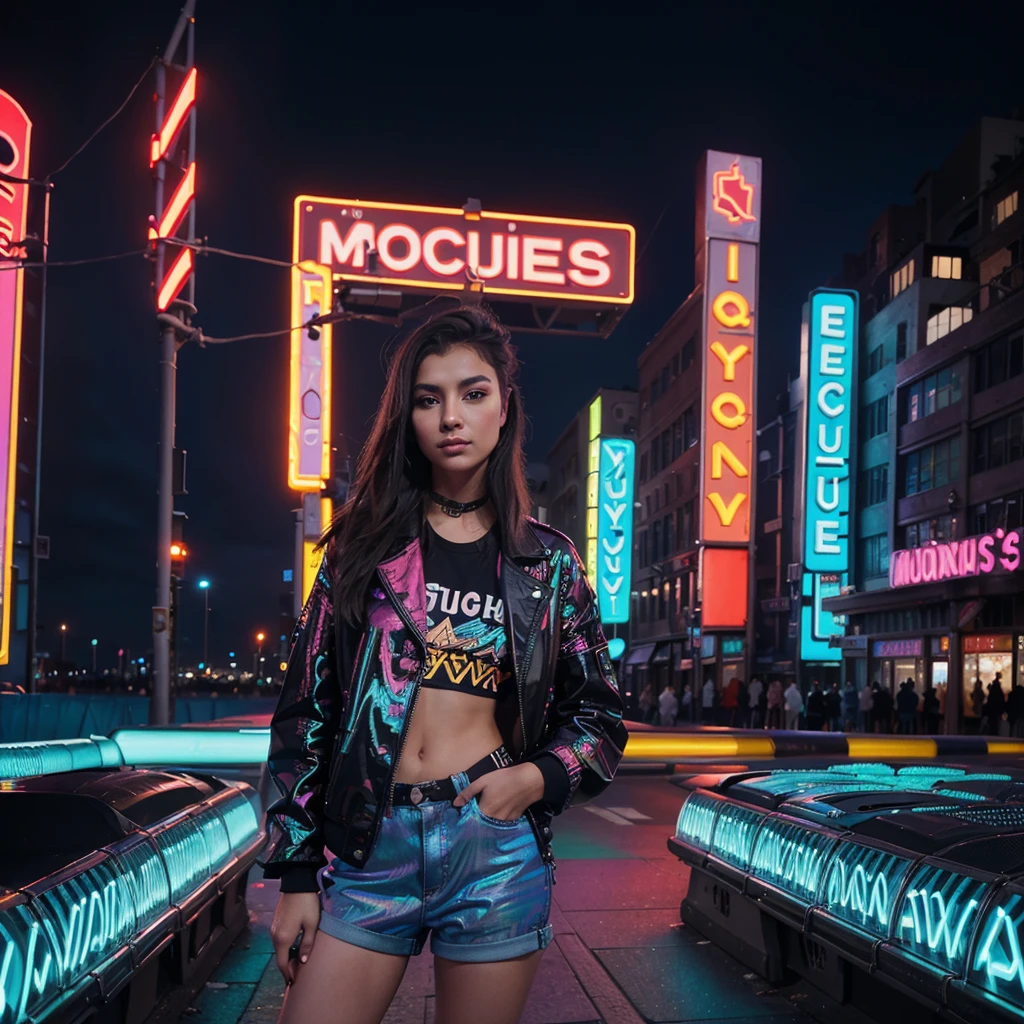 ":
---
"Create a vibrant and dynamic album cover for 'Infinite Vibes,' a pop music album. The scene should depict a lively, futuristic cityscape at night, illuminated by colorful neon lights. The city is alive with energy, featuring holographic advertisements, sleek modern buildings, and people enjoying the nightlife. In the foreground, a young, stylish musician stands confidently with a microphone, their outfit reflecting the vibrant colors of the city. The atmosphere is electric, capturing the essence of endless possibilities and the pulsating rhythm of pop music."
---