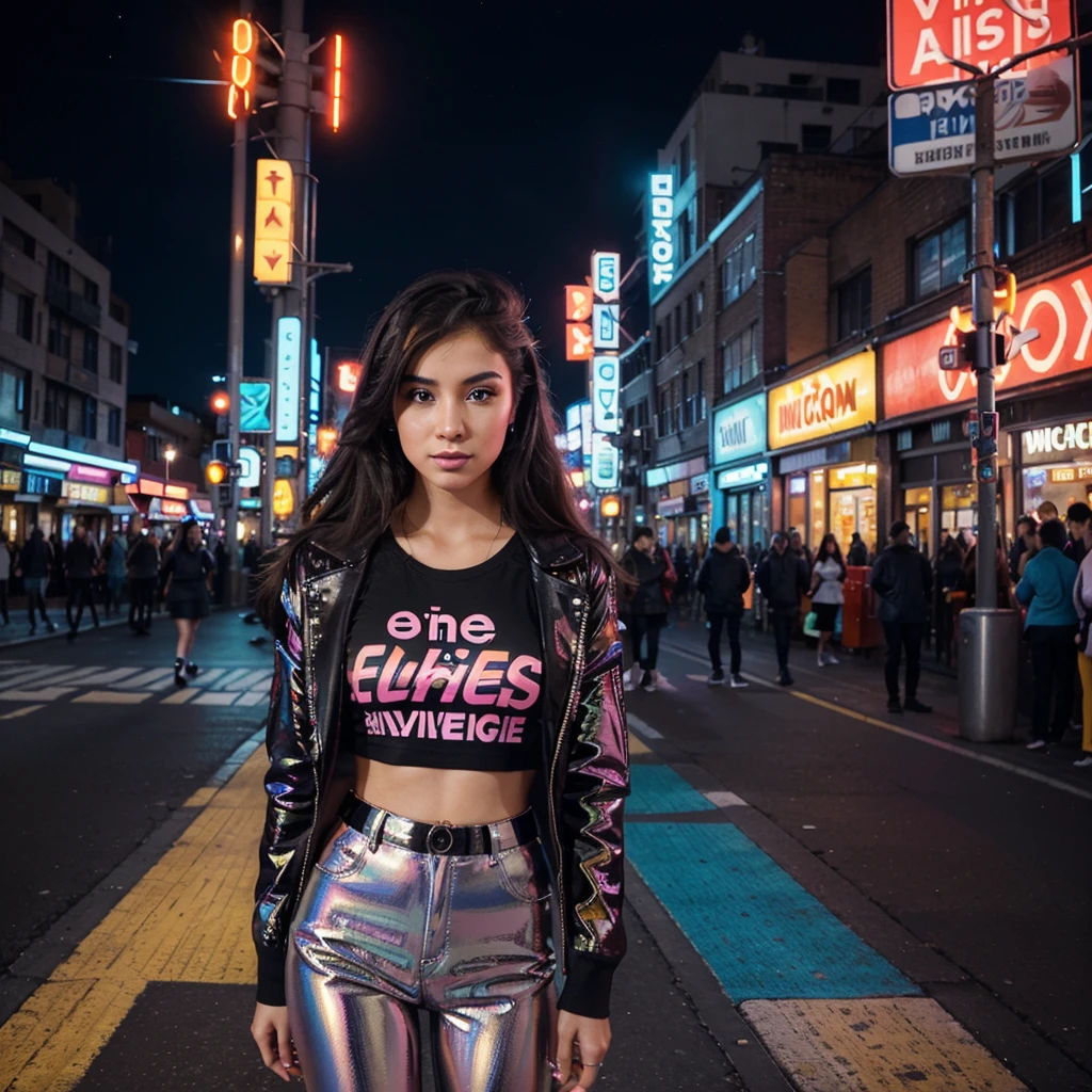 ":
---
"Create a vibrant and dynamic album cover for 'Infinite Vibes,' a pop music album. The scene should depict a lively, futuristic cityscape at night, illuminated by colorful neon lights. The city is alive with energy, featuring holographic advertisements, sleek modern buildings, and people enjoying the nightlife. In the foreground, a young, stylish musician stands confidently with a microphone, their outfit reflecting the vibrant colors of the city. The atmosphere is electric, capturing the essence of endless possibilities and the pulsating rhythm of pop music."
---