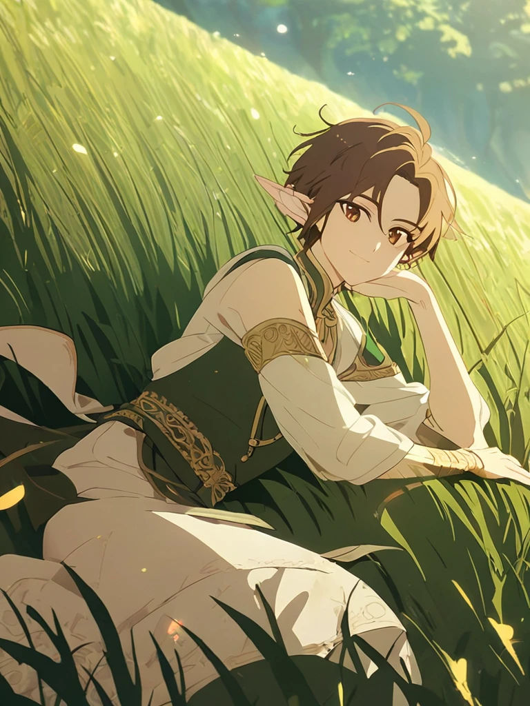 1man, messy, elven, brown god, brown hair, cute short hairstyle, glowing brown eyes, grass hill, royal, elegant, traditional thai costume,