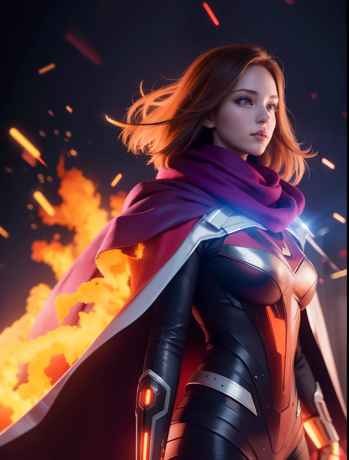 Waist up ((Extremely detailed asymmetric realistic masterpiece)) hyperrealistic masterpiece, Superhero very beauty girl in flame ((in futuristic aesthetic style)) in extremely detailed tech plugsuit, cinematic illumination: 8k, glowing, concept art, smooth, sharp focus, illustration