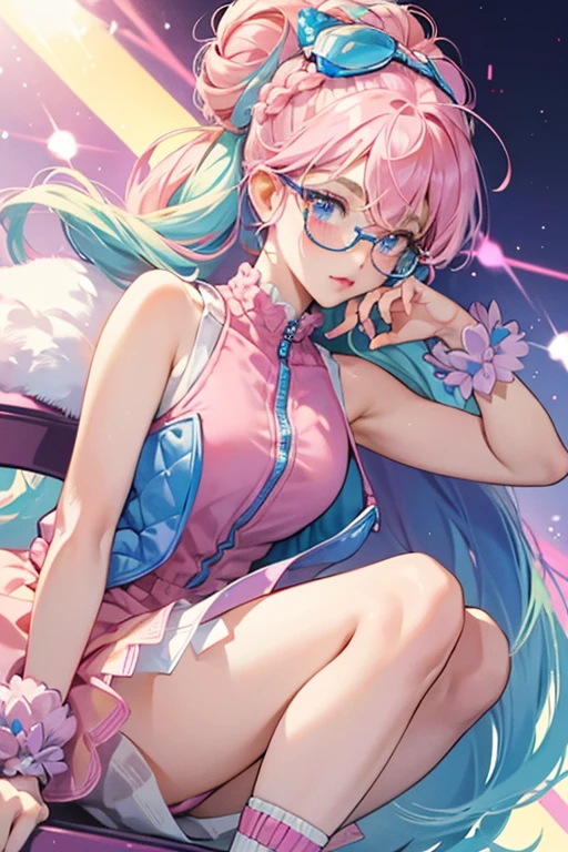 Bon Bon has tanned skin and violet lipstick. Her blush is a faint pink and she has sky blue eyes. She has pastel blue, pink, and yellow hair worn in braided buns with her spiked bangs mostly brushed to the side. She wears lilac glasses and has electric pink eyebrows. In Bling form her hair and eyes gain glitter coating. She wears pale pink, big rounded glasses on her head. Her blush is reddish and she wears fuchsia lipstick.
Her outfit is composed of a glittering zippered tank-top that resembles her vest, paired with lilac short-shorts that has a pleat glittering fuchsia peplum, pink and white glittering shoes, and a pair of stockings, one pale yellow, the other pastel blue. SPARKLE; GLITTER