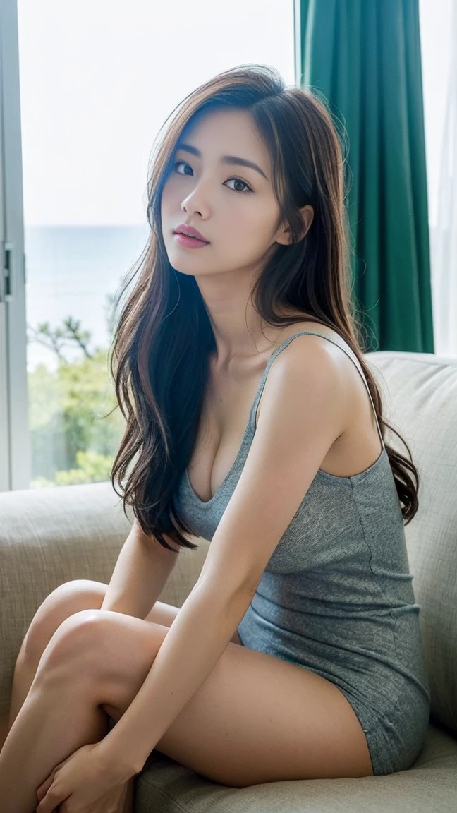 Dark brown hair、Light brown eyes、Japanese actress、 Lady、I am about 40 years old..、(Private NTR Private Category Detail Private L:1.2)、(top-qual私ty:1.4)、 (Ultra-high resolution:1.2)、Ultra-high resolution、(Eye for detail)、(Detailed facial features)、Hmph、8K resolut私on、D-cup breasts in casual clothes、Long Hair、one piece ,The photo shows々There is a background、people々々々々Looks small、A living room bathed in the refreshing morning sunshine、Sit on a large sofa Sofa Details、Through a large window Living room with beautiful and tranquil sea views、Beautiful feet、White wall、White Curtains、White sheets、White bed、White bedルーム、Beautiful natural scenery from the window、