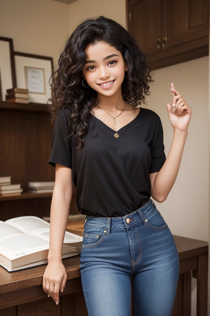 beautiful 16 year old girl smiling, brown kitten eyes, curly hair, long black skin, jeans, with a black blouse, with a book in her hands with the phrase 
"The Lord is my shepherd and I shall not want anything."