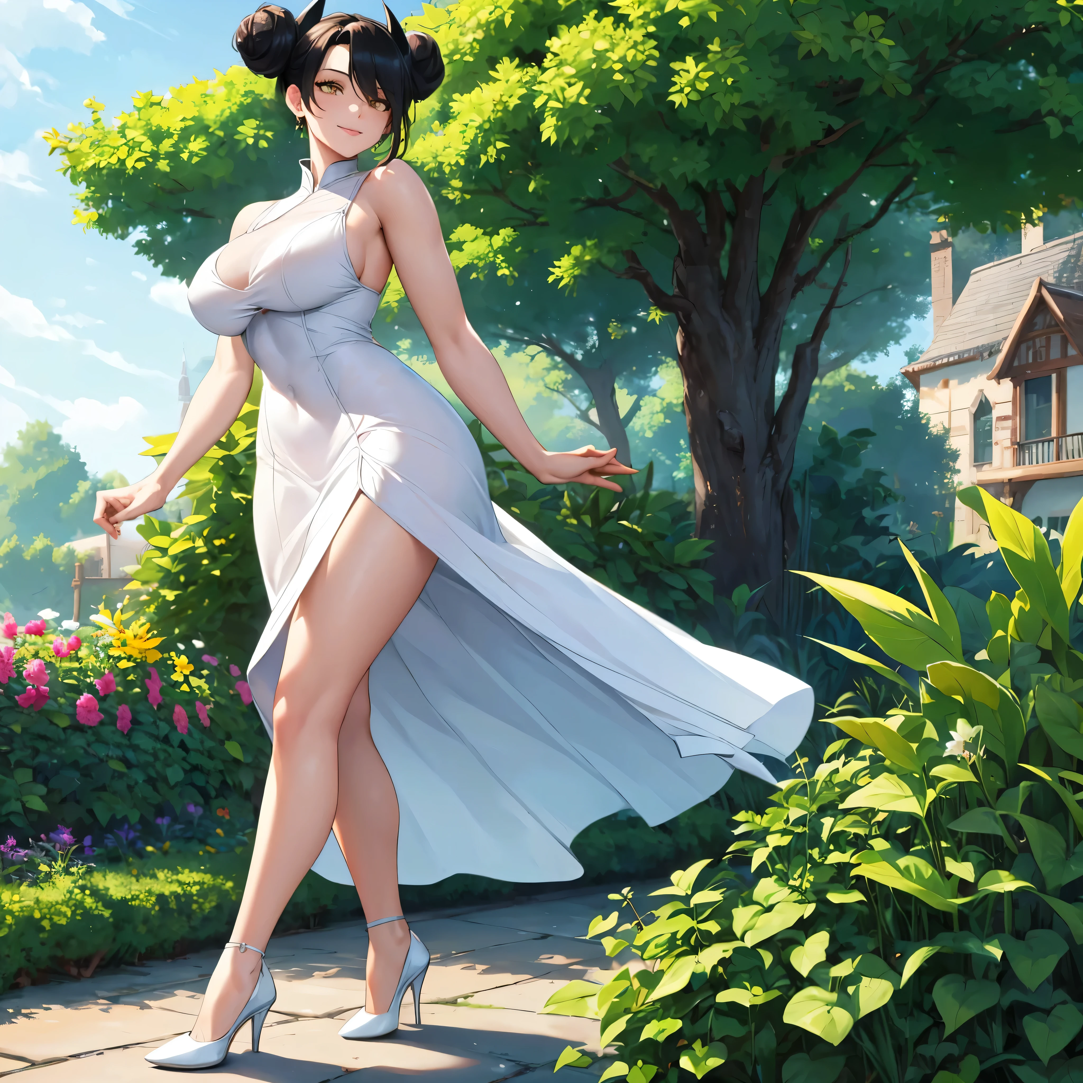 A woman in a sophisticated and elegant white dress., black fur, pigtail hair buns, yellow eyes, walking in a garden of a modern house, smiling, white heels, big breasts, Perfect face, perfect hair, garden with trees with medieval wall, blue sky.UHD, Masterpiece, necessary, anatomically correct, textured skin, super detail, high quality, Best Quality, 8k, high resolution, Bokeh effect.(solitary woman)
