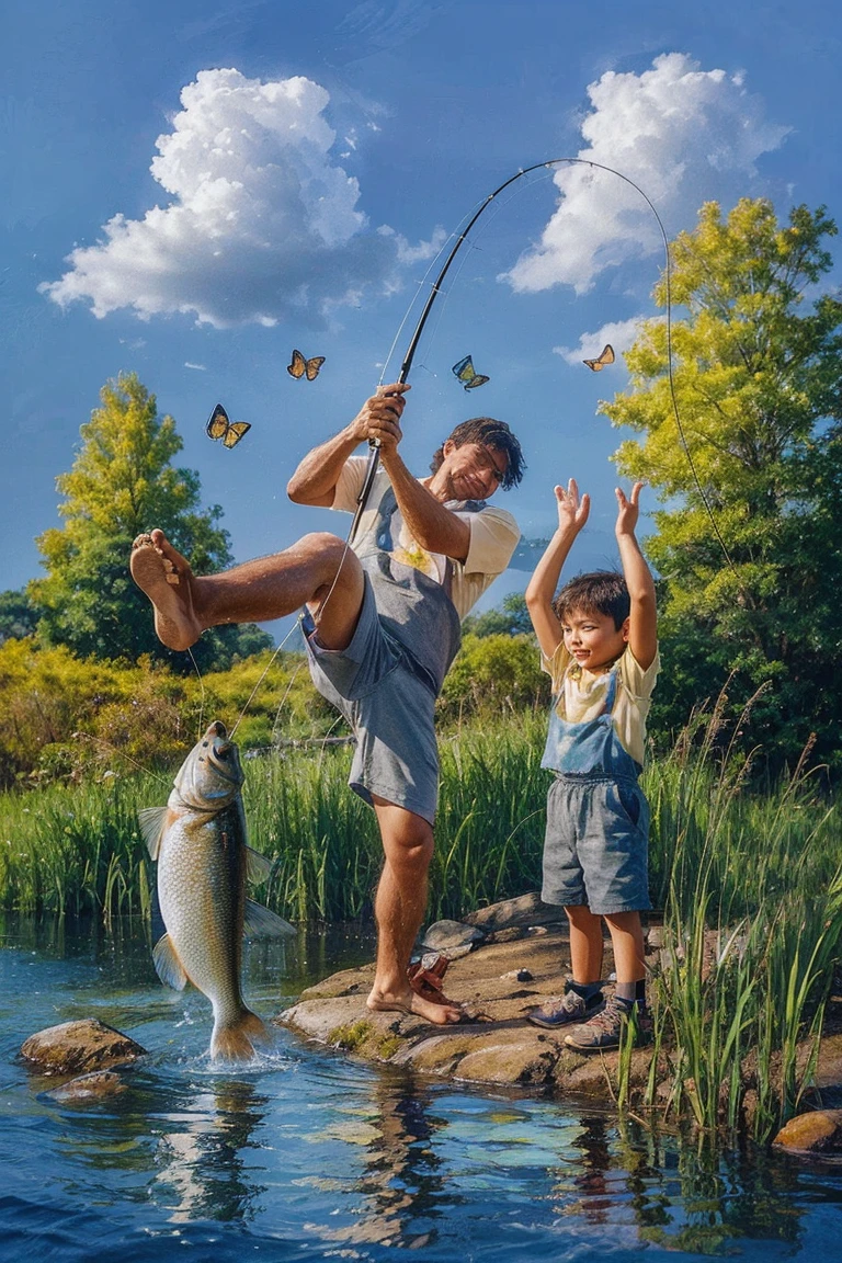 A stunning acrylic painting captures the essence of a heartwarming father-son moment by the river. The Indonesian father triumphantly yanked his fishing rod with freshwater fish dangles on the tip of fishing rod, one leg kicked up in excitement, wearing a tattered brown shirt and grey pants. Beside him, his beaming young son, dressed in a red tank top and black shorts, claps his hands above his head looking at the fish. The idyllic riverbank is surrounded by tall grass and trees, with crystal clear water reflecting the vibrant colors of the scene. Cumulus clouds drift above, casting a gentle light, while butterflies flutter, adding a touch of whimsy. The visible brushstrokes lend a dynamic and textured appearance, immortalizing this cherished moment spent in nature.