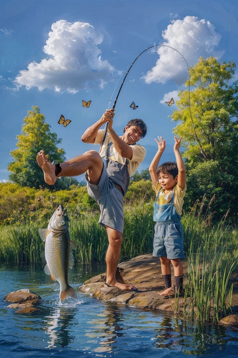 A stunning acrylic painting captures the essence of a heartwarming father-son moment by the river. The Indonesian father triumphantly yanked his fishing rod with freshwater fish dangles on the tip of fishing rod, one leg kicked up in excitement, wearing a tattered brown shirt and grey pants. Beside him, his beaming young son, dressed in a red tank top and black shorts, claps his hands above his head looking at the fish. The idyllic riverbank is surrounded by tall grass and trees, with crystal clear water reflecting the vibrant colors of the scene. Cumulus clouds drift above, casting a gentle light, while butterflies flutter, adding a touch of whimsy. The visible brushstrokes lend a dynamic and textured appearance, immortalizing this cherished moment spent in nature.