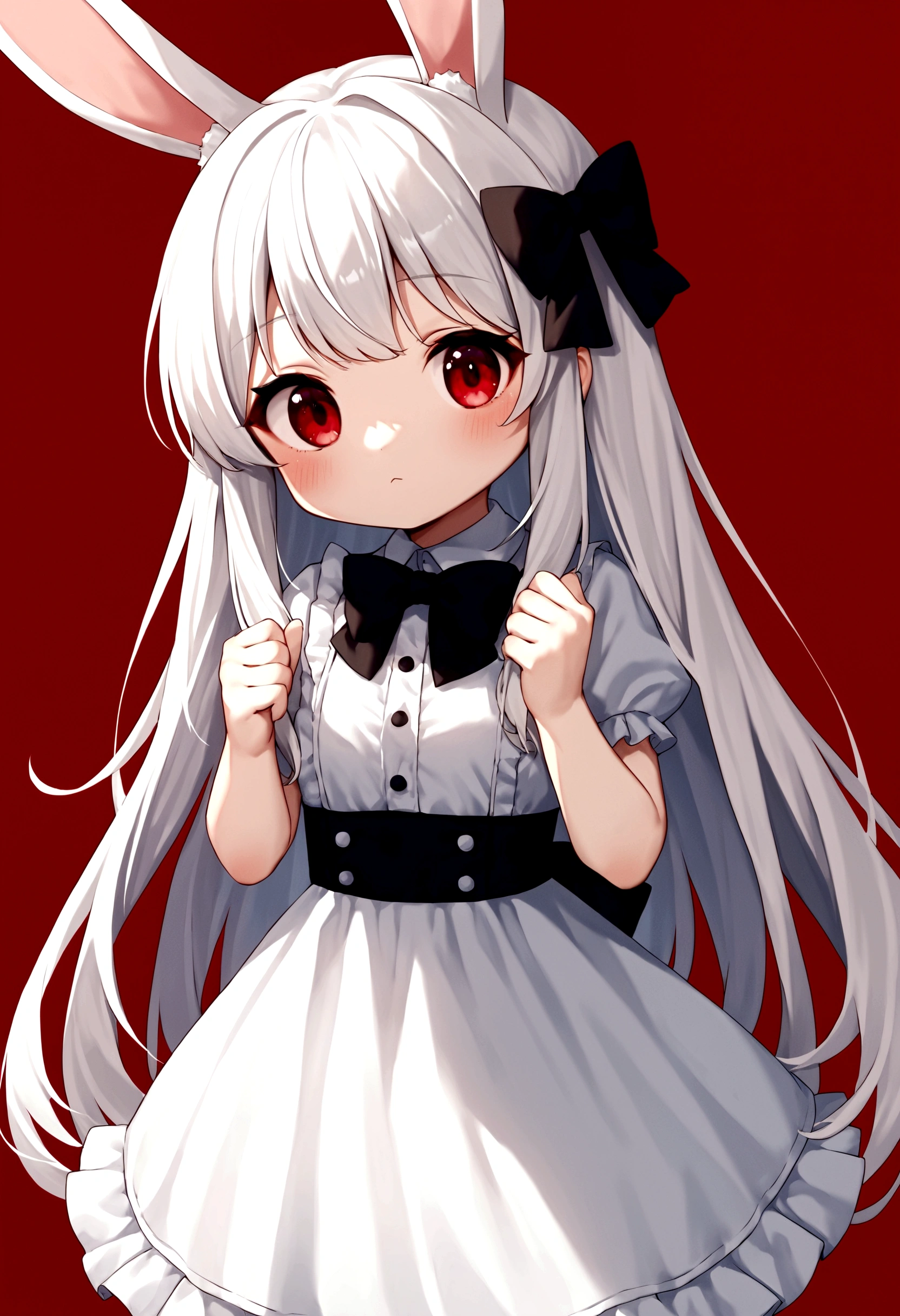score_9, score_8_up, score_7_up, score_6_up, score_5_up, score_4_up,source_anime, source_furry,rating_safe, BREAK ,solo,1girl,human,cute,kawaii,small ???,chibi,white hair,very long hair:2.0,bangs,white rabbit ear:1.4,red eye,big eye,beautiful shiny eye,skin color white,big black hairbow,white frilled dress:1.3,breast:1.3