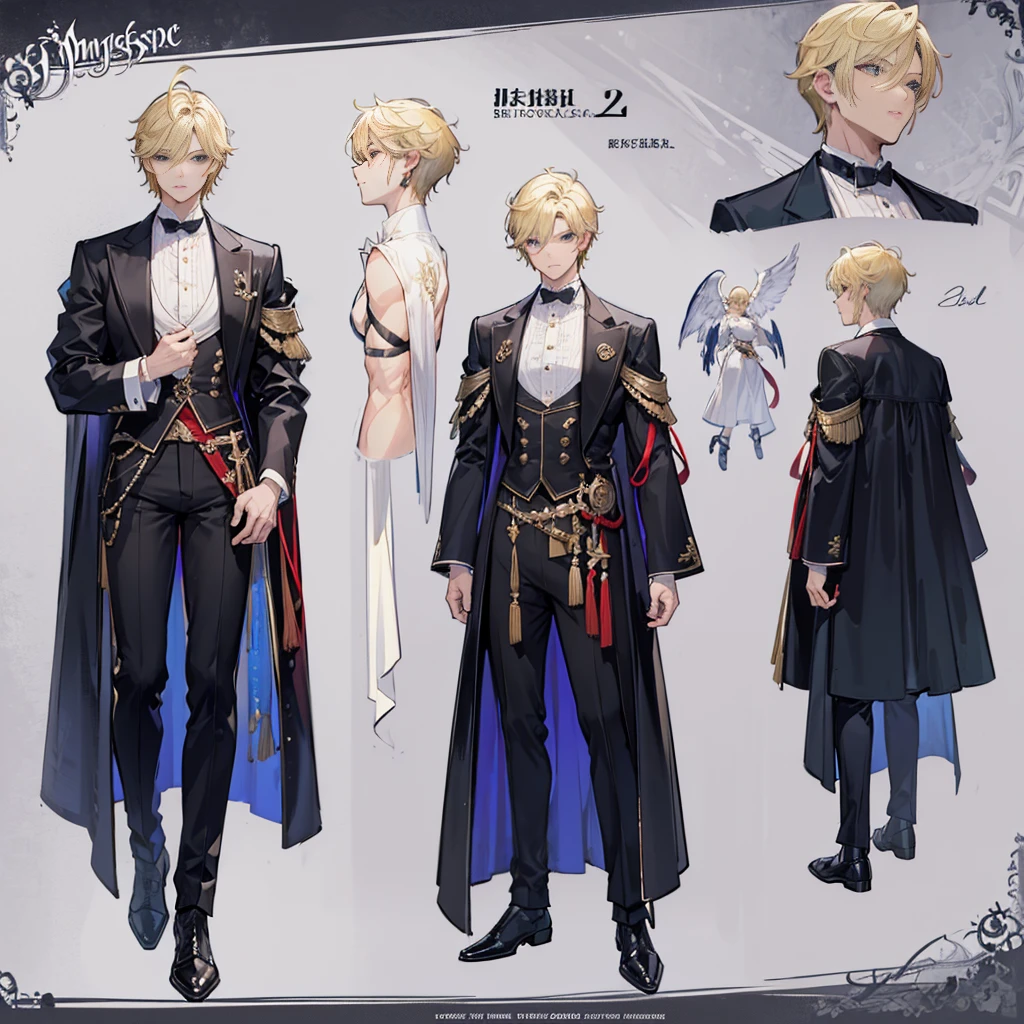 (Masterpiece, best quality), detailed, 1 man, ((character concept art)), ((character design sheet, same character, front, side, back)), full body, body complete, 1 Male, 1 Man, Detailed face, character design sheet,full bodyesbian, Highly detailed, character sheet, character design, Many parts, dark skin, angel wings man, short blonde hair, angel outfit, muscle male god, male clothes angel, masculine, muscle man, male muscle, manly, male angel, Muscle male with short blonde hair,beautiful man,