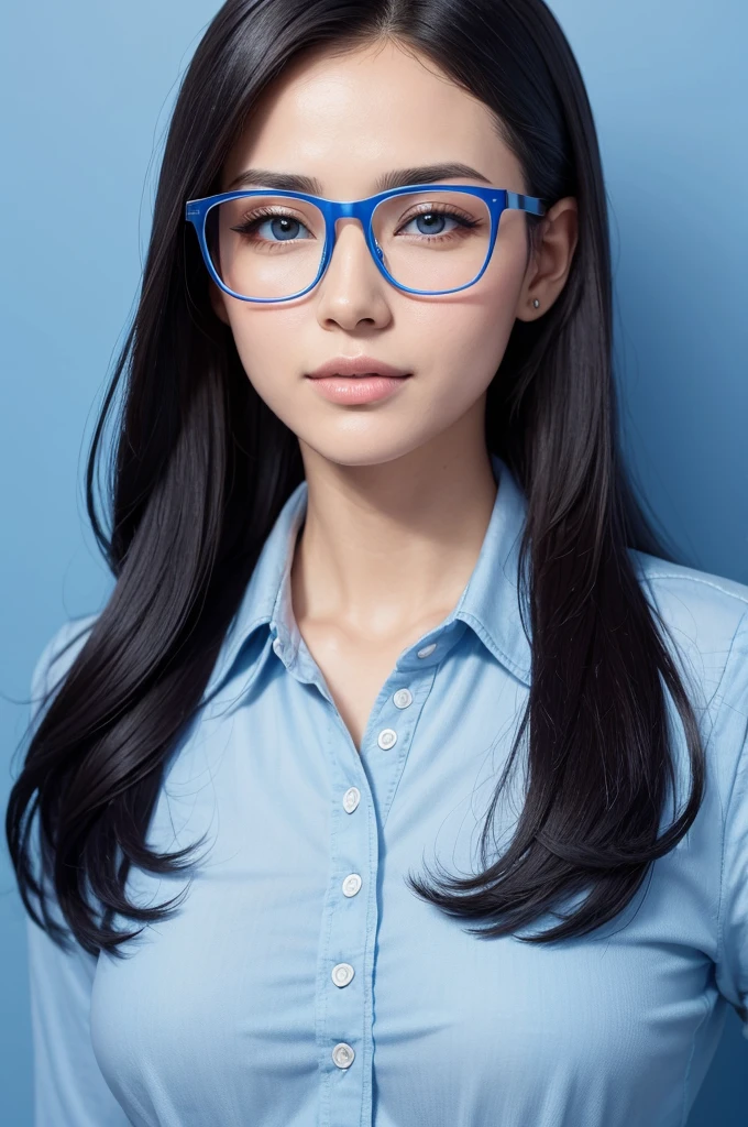 A celebrity wearing glasses on a blue background