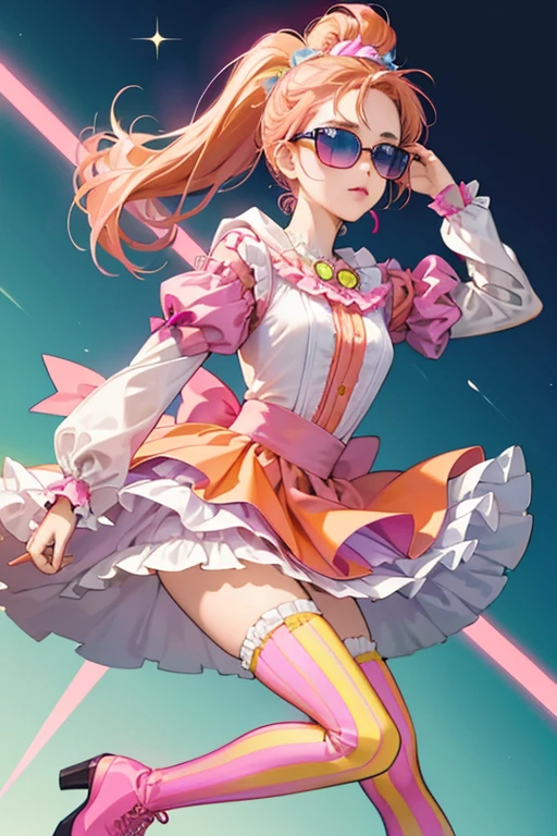 She has light brown skin and fuchsia lipstick with fain pink blush. Her blue eyes are hidden behind large white sunglasses with pink lenses. Her orange hair is pulled back into a high ponytail, with her fuchsia bangs left loose at the middle of her forehead. She wears a neon yellow long-sleeved top paired with a turquoise short sleeved hoodie, a fuchsia pleat skirt with orange bows and frilly petticoat. Her neon yellow and black boots are paired with frilly white socks and neon blue and fuchsia striped tights. SPARKLE; GLITTER